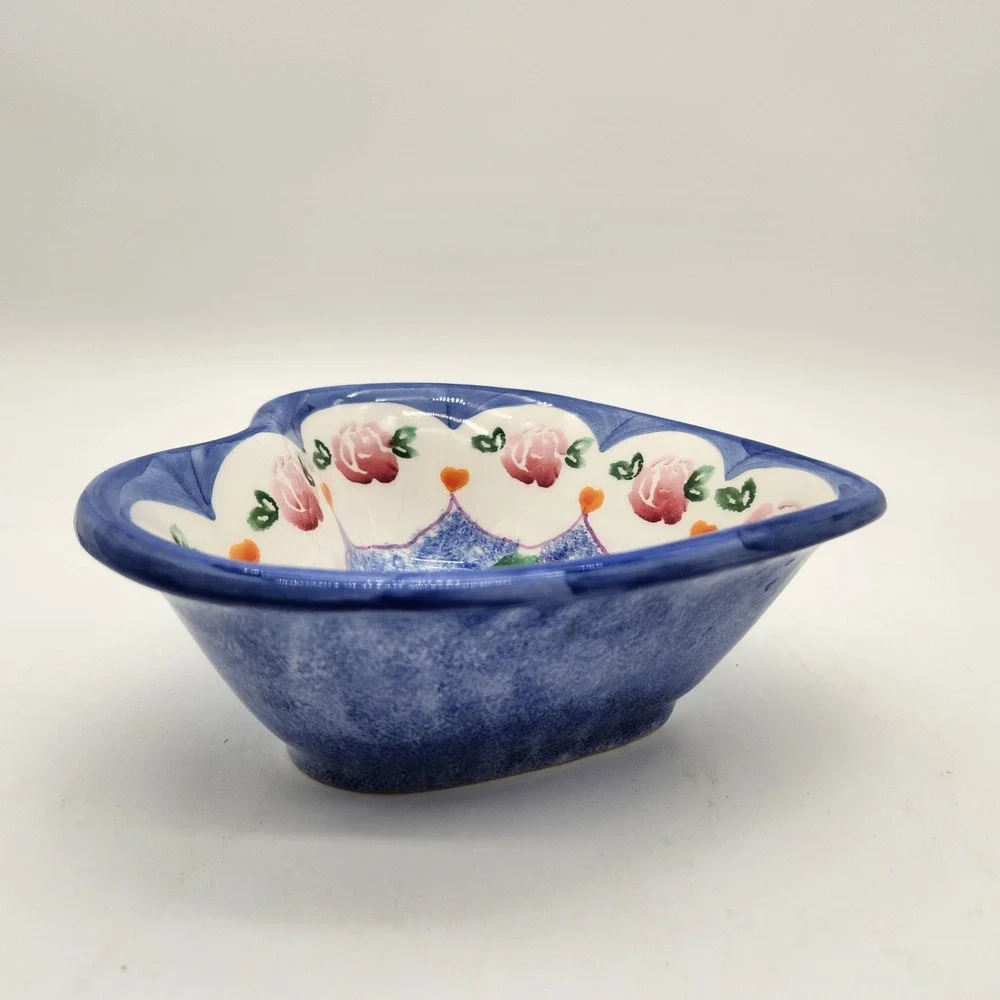 Ancora Italy Hand Painted Heart Shaped‎ Ceramic Bowl Pink Roses Blue White 11366